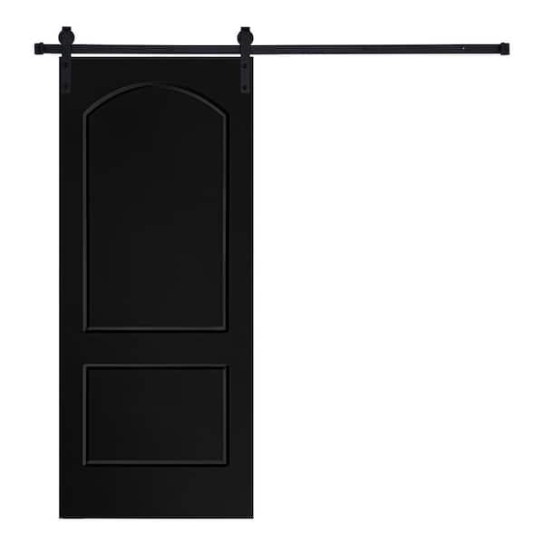 Modern 2- Panel Roman Designed 84 in. x 36 in. MDF Panel Black Painted Sliding Barn Door with Hardware Kit