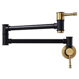 Wall Mounted Folding Pot Filler with Double-Handle Stretchable Kitchen Faucet in Black and Gold
