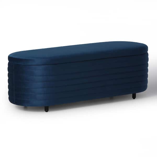 Farrah 54 in. Wide Oval Velvet Upholstered Entryway Flip Top Storage Bedroom Accent Bench in Navy Blue