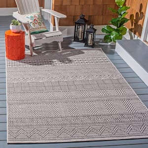 Courtyard Ivory/Black 7 ft. x 10 ft. Striped Tribal Chevron Indoor/Outdoor Patio  Area Rug