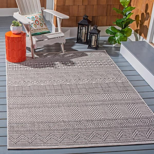 Courtyard Ivory/Black 9 ft. x 12 ft. Striped Tribal Chevron Indoor/Outdoor Area Rug