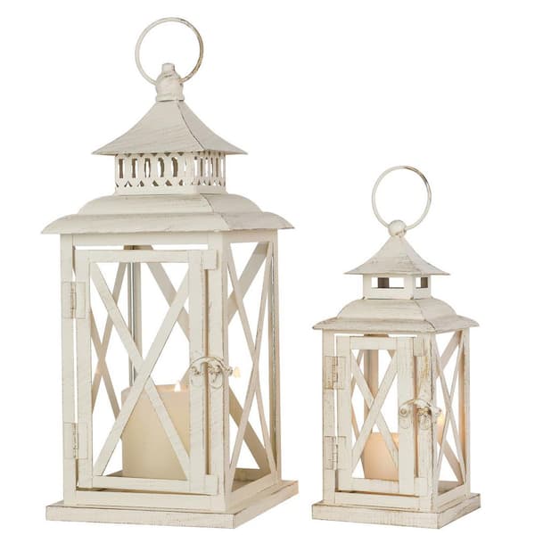 13.8 in. & 10 in. H Glass & Metal Beige Lanterns Candle Holder for Porch Patio Garden Balcony Wedding Table Centerpiece