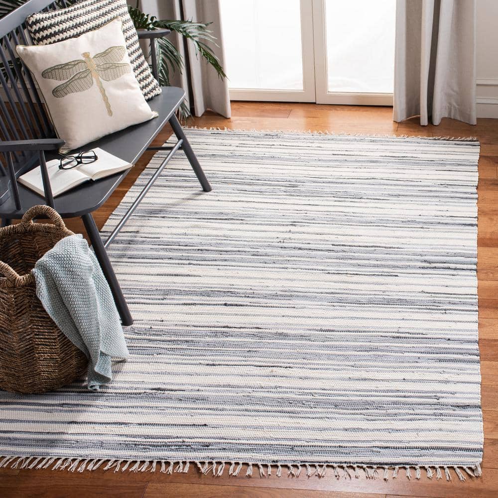 Ivory and Grey Striped Handwoven Wool-Cotton Area Rug, 2' x 3'