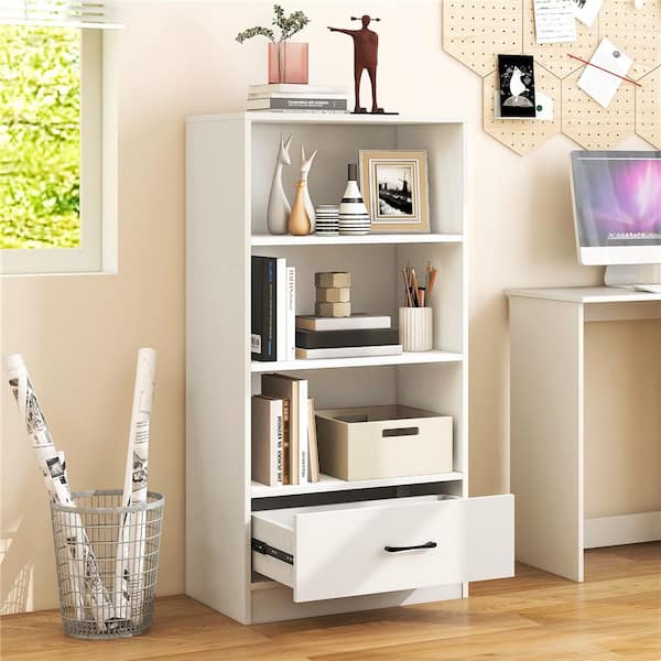 Costway 48 in. White Engineered Wood Display Bookshelf Storage Organizer with Shelves and Drawer 4-Tier Bookcase