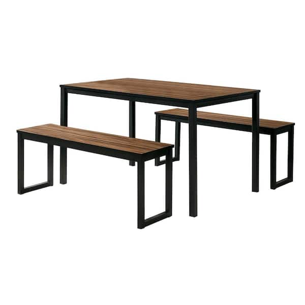 Benjara 3-Piece Rectangle Brown and Black Wood Top Dining Table Set with 2 Benches (Seats 4)