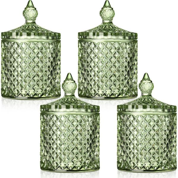 4-Piece Green Diamond Design Crystal Glass Decorative Storage Jars Set with Lids for Home Organizing