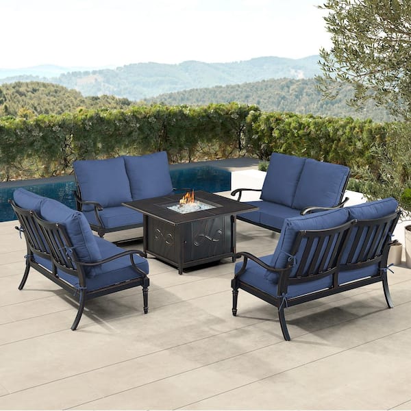Oakland Living Black 5-Piece Aluminum Patio Fire Table Set with Blue Cushions