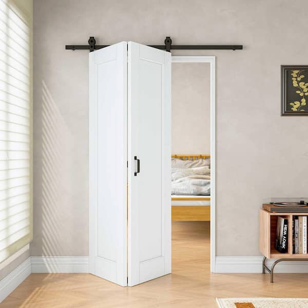 ARK DESIGN 48 in. x 80 in. (Two 24 in. Slabs) 1 Paneled White Primed DIY Painting MDF Bifold Sliding Barn Door with Hardware Kit