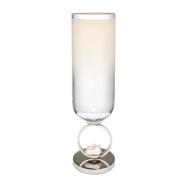21 in. White Glass Cylinder Decorative Vase with Metal Base Stone Accent