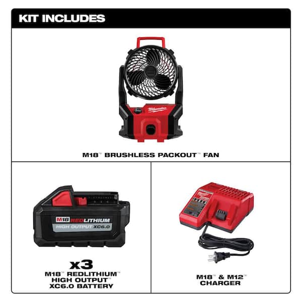 M18 18-Volt Lith-Ion Brushless Cordless PACKOUT Jobsite Fan w/ (3) Battery & Charger Kit