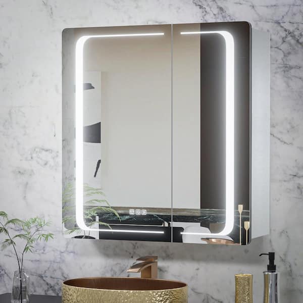 ExBrite Vogue 30 in. W x 32 in. H, Rectangular Silver Aluminum Recessed/Surface Mount Dimmable Medicine Cabinet with Mirror LED