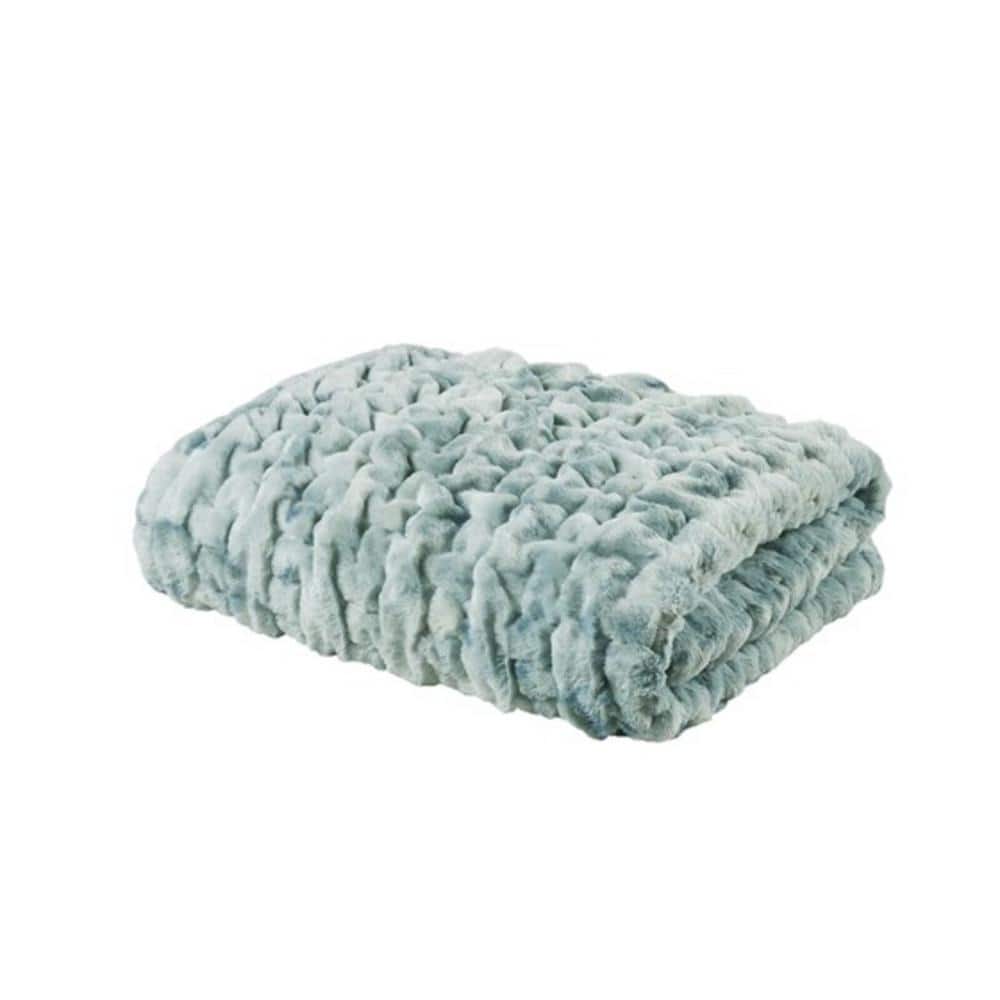 Simple 60 in. L x 50 in. W Blue Ruched Faux Fur Throw Blanket with Ribbon a