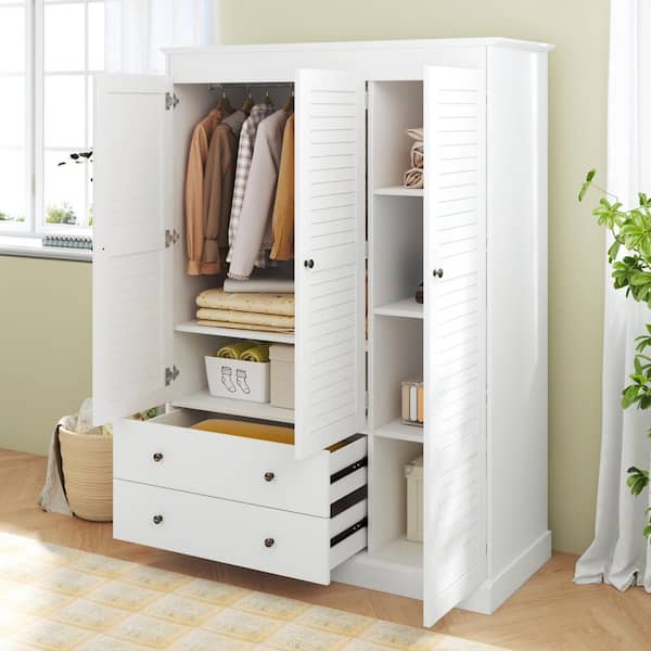 Harper & Bright Designs White Wood 47.2 in. 3 Shutter Door Wardrobe with 2-Drawers, Storage Shelves, Hanging Rail