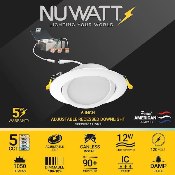6 in. LED White Adjustable Ultra Slim Canless Integrated LED Recessed Light Kit 5 CCT 2700K to 5000K Dimmable (12-Pack)