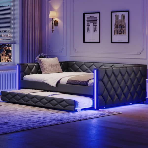 Black Full XL Upholstered Daybed with Trundle and LED