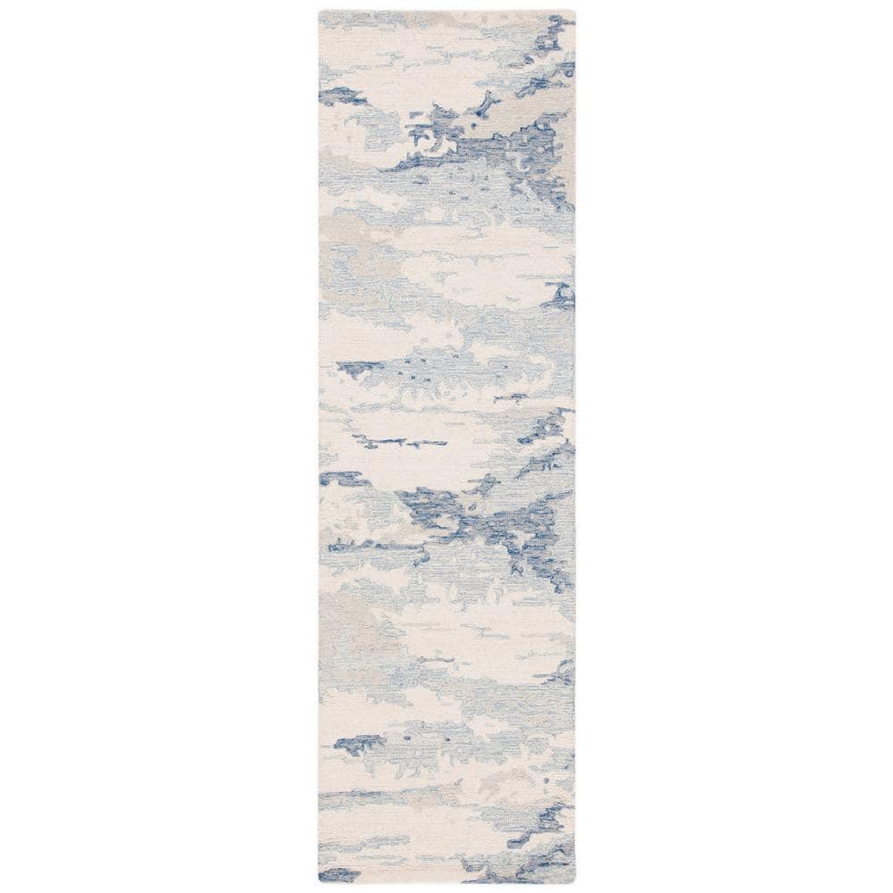 Hand Tufted Ivory and Blue Wool Runner Rug, 2'-3" x 18'