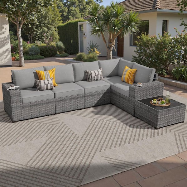 Caodoc Baskra Gray 6-Piece Wicker Outdoor Loveseat Sectional Set