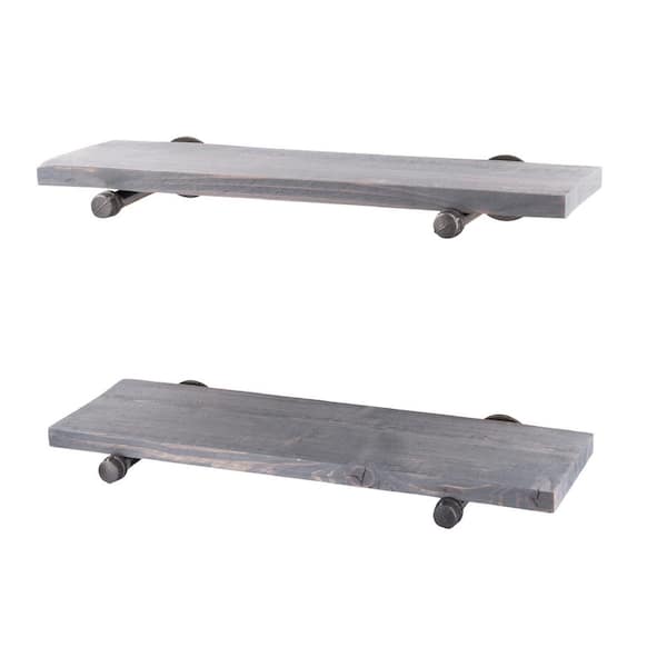 PIPE DECOR 24 in. x 7.5 in. x 6.75 in. Riverstone Grey Restore Wood Decorative Wall Shelf - Industrial Steel Pipe Straight Brackets