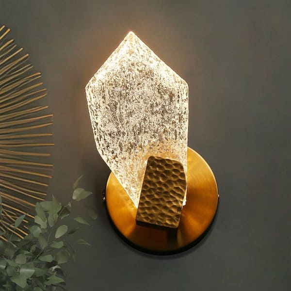 LNC Fracture 1-Light Plated Brass Asymmetrical LED Wall Sconce with Softly Rounded Textured Resin Panel for Entryway Hallway