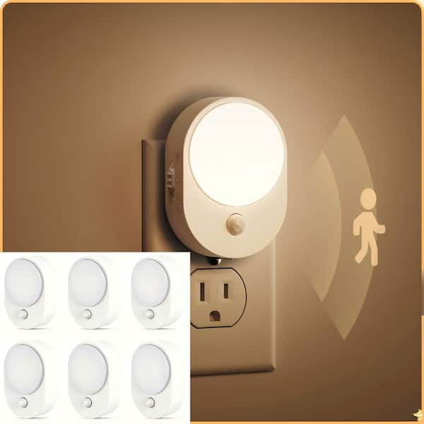 6-Pack 0. 6W Plug-In Motion Sensor Night Light Oval Design with White Finish, 3000K, 3 Adjustable Modes