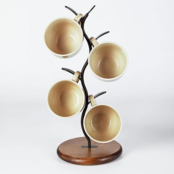 7.1 in. x 15.7 in. Cast Iron Leaf Mug Tree with Polished Wood Base Countertop Coffee Cup Holder for 4