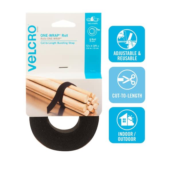 VELCRO Brand One Wrap 90340 Fastener, 3/4 in W, 12 ft L,  Nylon/Polypropylene, Black