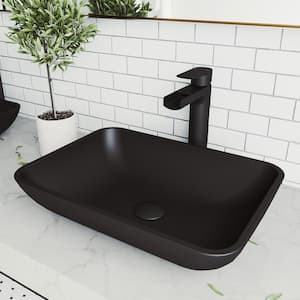 Matte Shell Sottile Glass Rectangular Vessel Bathroom Sink in Black with Amada Faucet and Pop-Up Drain in Matte Black