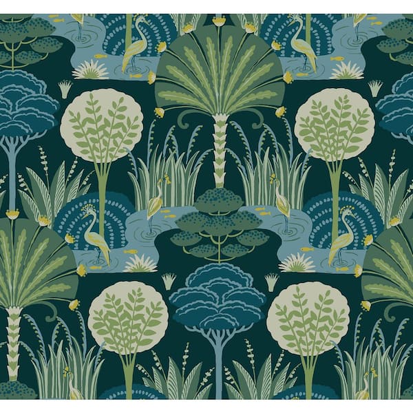 SCOTT LIVING Mandeville Blue Teal Matte Tropical Paradise Non-Pasted Non-Woven Paper Wallpaper