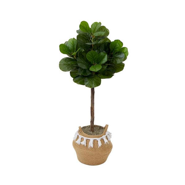 Nearly Natural 48 in. Green Artificial Fiddle Leaf Fig Tree in Handmade Cotton and Jute Basket with Tassels DIY Kit