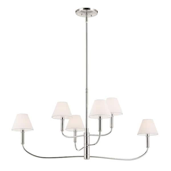 Eadie 41 in. 6-Light Polished Nickel Updated Traditional Dining Room Chandelier with White Fabric