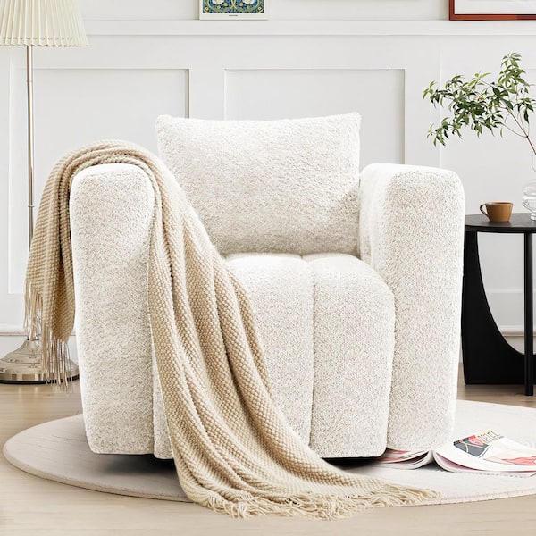 Beige 360° Swivel Accent Chair Upholstered Fabric Large Comfy Reading Chair with Overstuffed Backrest