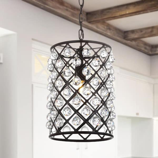 JONATHAN Y Gabrielle 15 in. 1 -Light Oil Rubbed Bronze Crystal/Metal LED Pendant