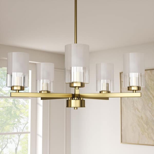 The Modern 5-Light Electroplating Brass Chandelier with Frosted Glass Shaped Accents for Kitchen And Dining Room