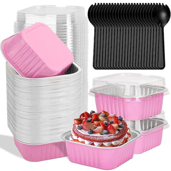 Pink Mini Disposable Cake Pans with Lids, Aluminum Foil Square Baking Cups, Large Baking Tins Containers (60-Pack)