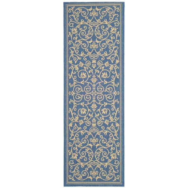 SAFAVIEH Courtyard Blue/Natural 2 ft. x 7 ft. Border Indoor/Outdoor Patio  Runner Rug