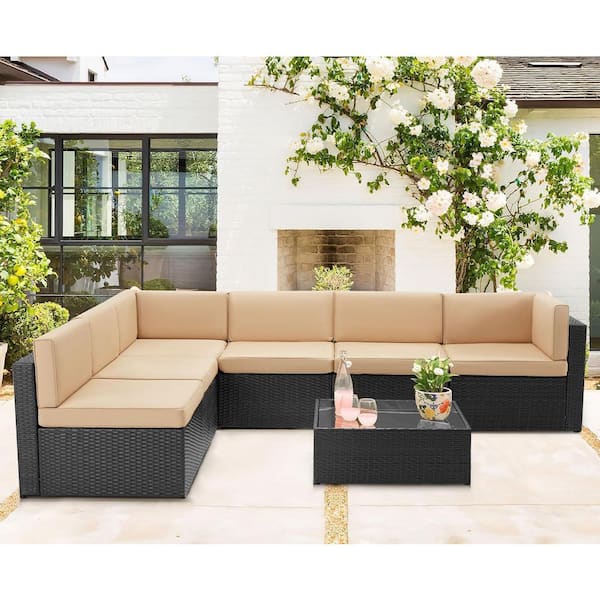 セットアップ Black 7-Piece Wicker Outdoor Sectional Set, All Weather