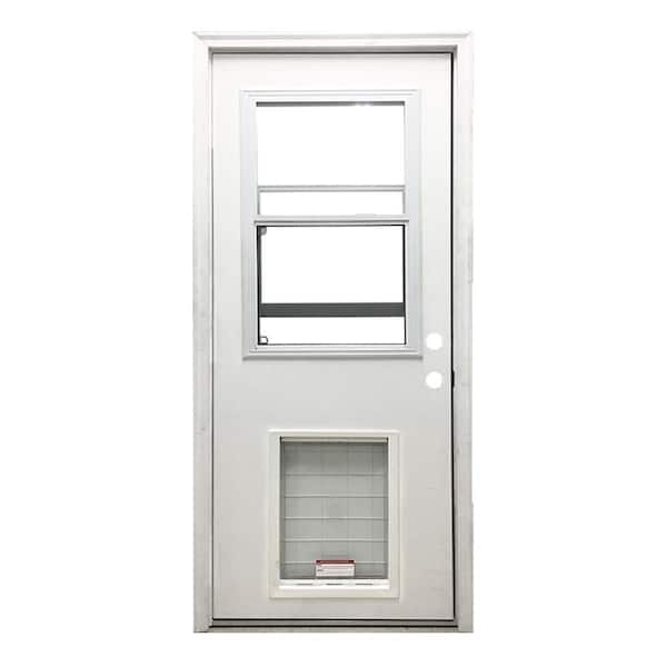 Steves & Sons 36 in. x 80 in. Reliant Series Clear Vented Half Lite LHIS White Primed Fiberglass Prehung Front Door with SL Pet Door