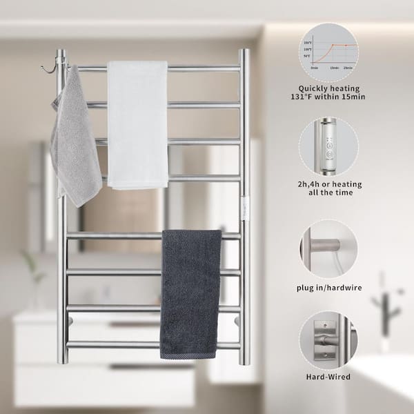 21 in. W x 34 in. H 8 Stainless Steel Wall-Mounted Towel Warmer with Plug-in and Hardwired Options, Brushed Nickel
