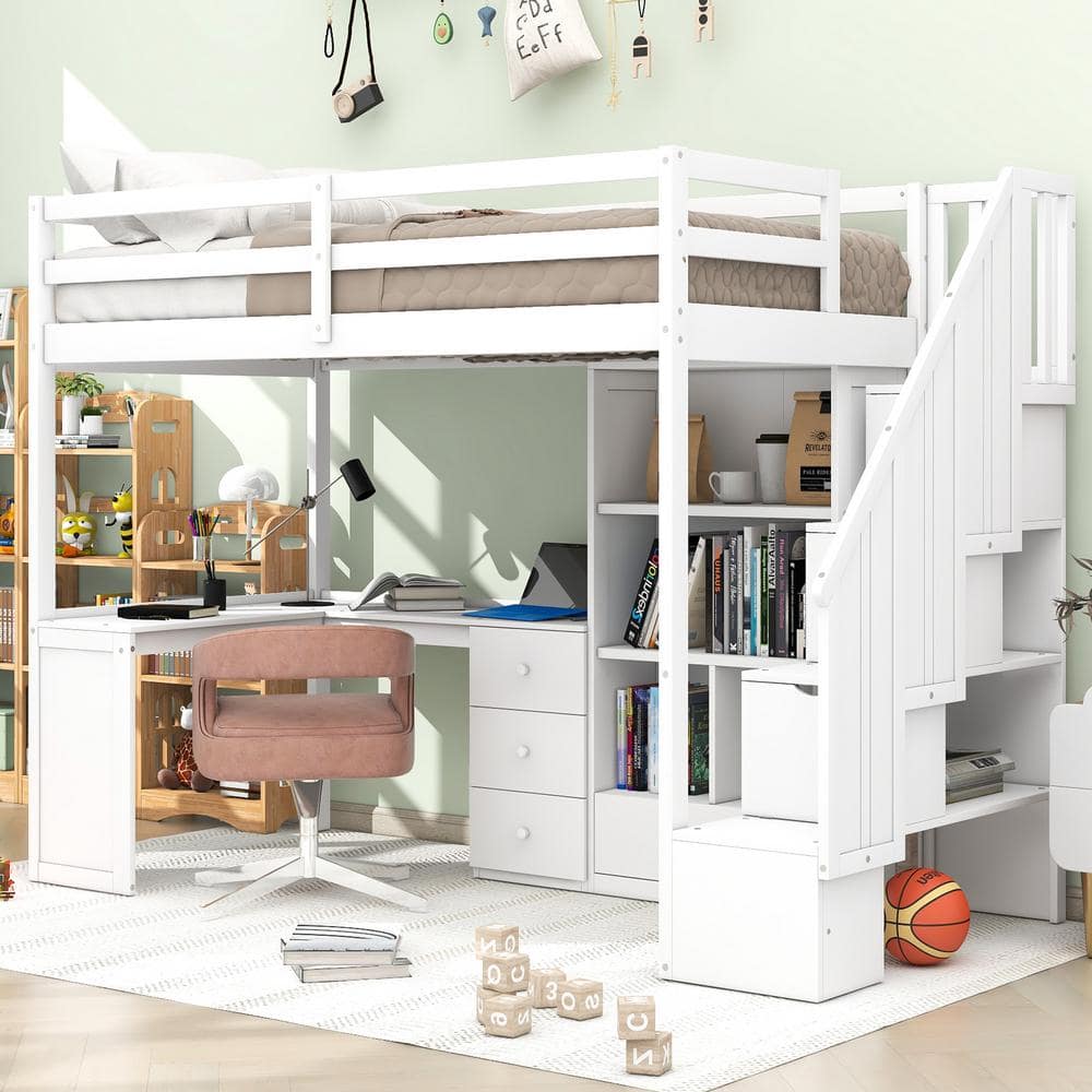 Harper & Bright Designs White Twin Size Wood Loft Bed with L-Shaped ...