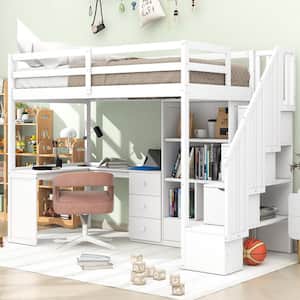 White Twin Size Wood Loft Bed with L-Shaped Desk and 4 Drawers, Cabinet and Storage Staircase