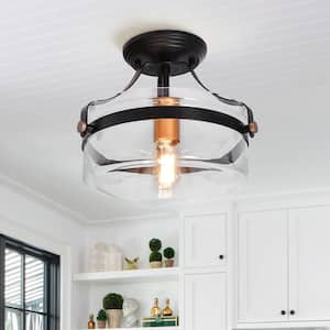 Lumme 11 in.W 1-Light Matte Black and Gold Vintage Round Drum Semi-Flush Mount With Clear Glass for Living Room Foyer