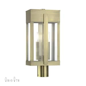 Berksford 18.5 in. 2-Light Antique Brass Cast Brass Hardwired Outdoor Rust Resistant Post Light with No Bulbs Included