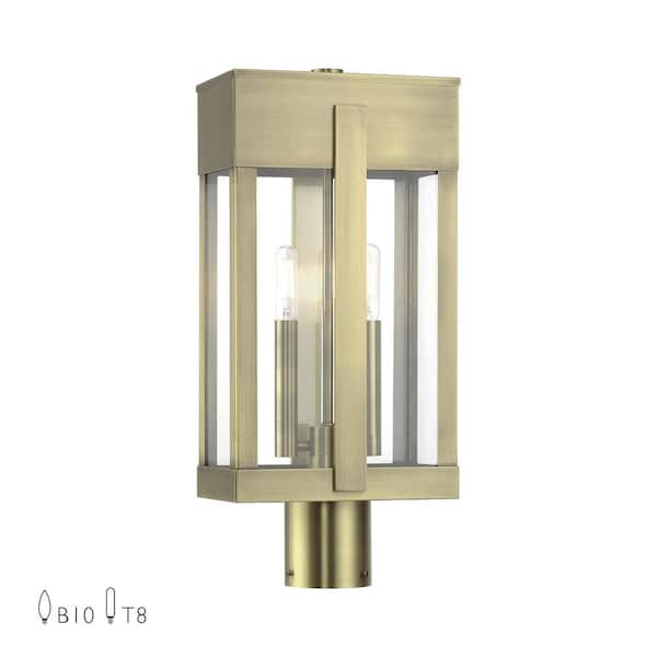 Livex Lighting Berksford 18.5 in. 2-Light Antique Brass Cast Brass Hardwired Outdoor Rust Resistant Post Light with No Bulbs Included