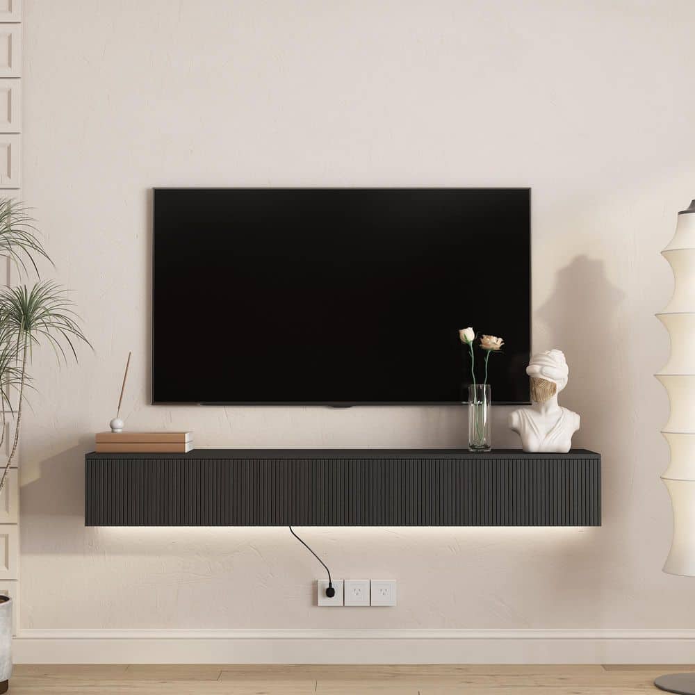 65 in. W Black Floating TV Stand for 65 in. TVs Wall Mounted with Lights