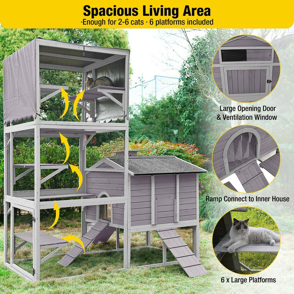 Large Gray Wooden Outdoor Cat House with Vertical Climbing Enclosure