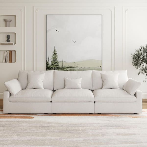 J&E Home 119.2 in. Slope Arm Linen 3-Pieces Modular Free Combination Sofa with Ottoman in Beige