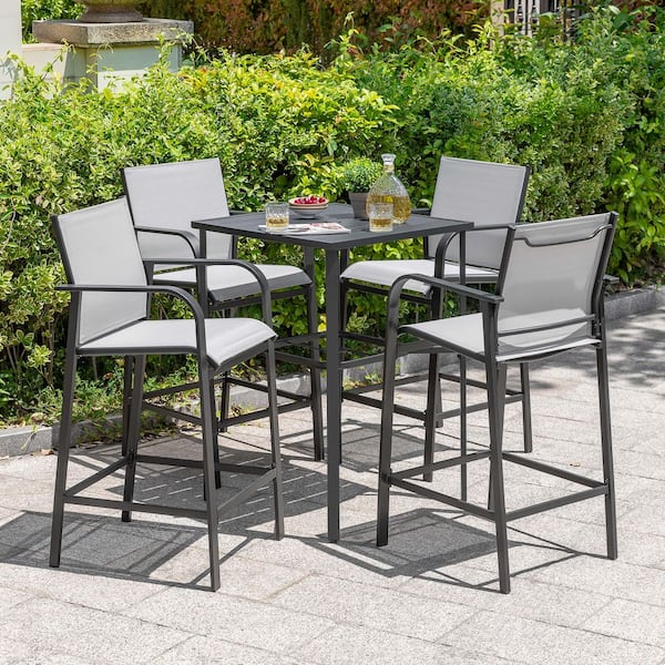 Nuu Garden Black 5-Piece Textilene and Metal Square Outdoor Bar Set with Umbrella Hole and Bar Stools