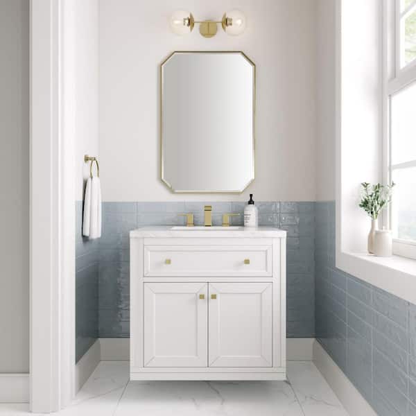 James Martin Vanities Chicago 30.0 in. W x 23.5 in. D x 33.76 in. H Single Bath Vanity in Glossy White with Arctic Fall Solid Surface Top