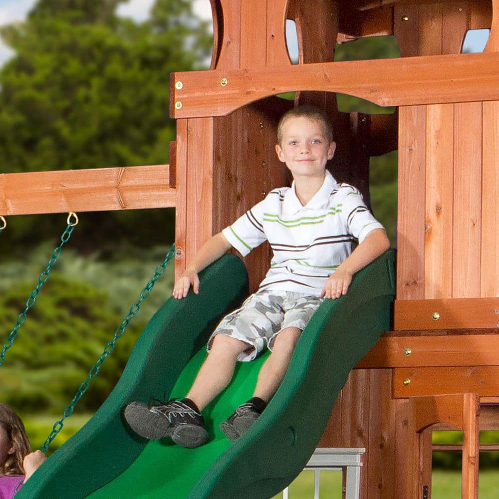 Shenandoah Cedar Wood Swing Set with Green Slide and Playhouse
