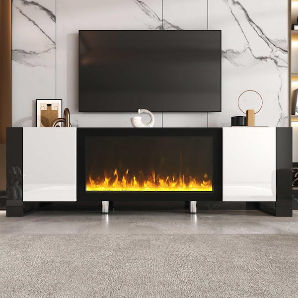 Polibi Modern White TV Stand Fits TV's up to 78 in. with 34.2 in. Non-Heating Electric Fireplace, 2 Cabinets